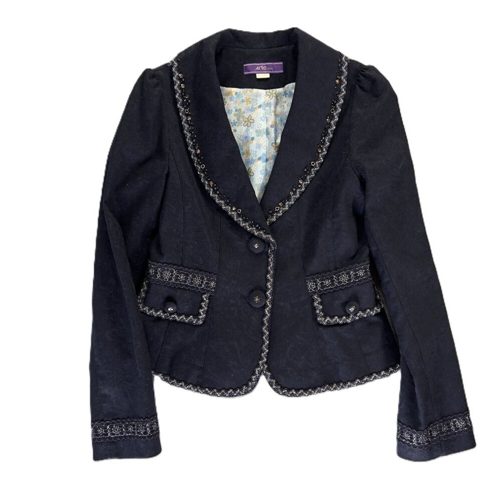 Vintage Y2K Blue Lace Sequence Trim Blazer Sz XS Victorian Cropped Whimsical - Picture 8 of 11